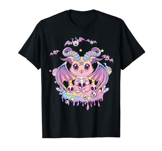 Pastel Goth Krampus Cat Cute Creepy Devil Cat and Skull T-Shirt