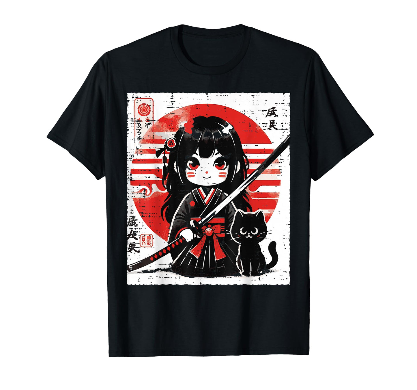 Japanese Samurai Girl Black Cat Kawaii Anime Women Girls Kid T-Shirt