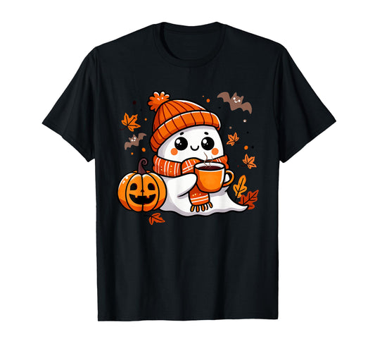 Halloween Ghost Drinking Coffee, Cute Kawaii Halloween T-Shirt