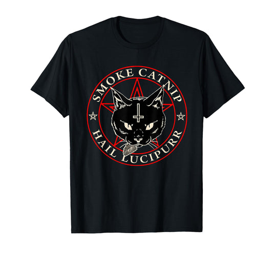 Satanic Black Cat Hail Satan Smoke Catnip Hail Lucipurr Weed T-Shirt