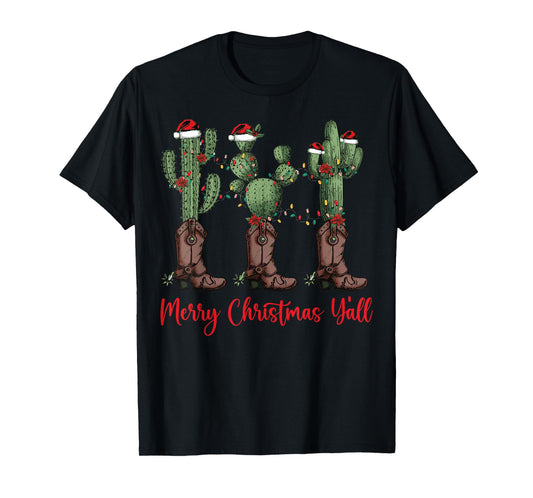 Merry Christmas Y'all Western Country Cowboy Boots Holiday T-Shirt
