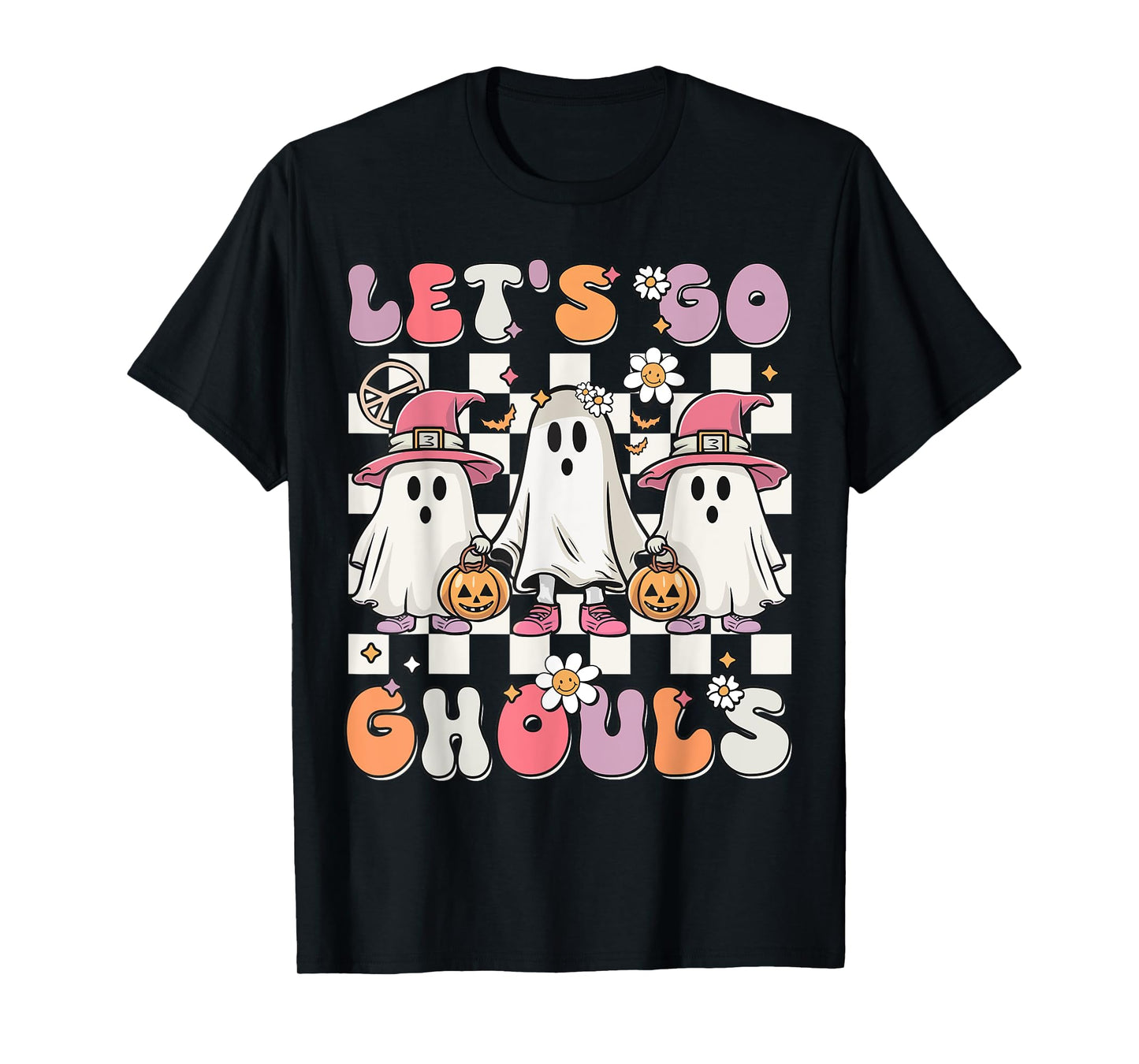 Women Girls Let's Go Ghouls Halloween Retro Ghost Costume T-Shirt