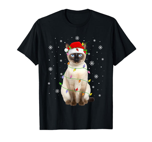 Siamese Cat Christmas Lights Funny Santa Hat Cat Lover Xmas T-Shirt