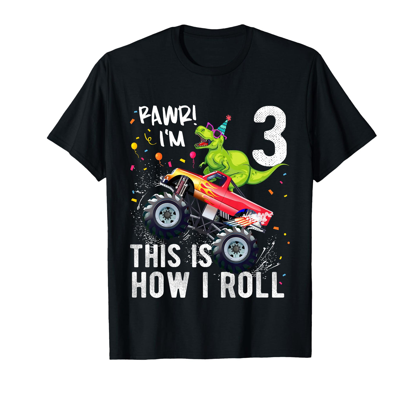 Kids T Rex Dinosaur Monster Truck 3rd Birthday Boys and Girls T-Shirt