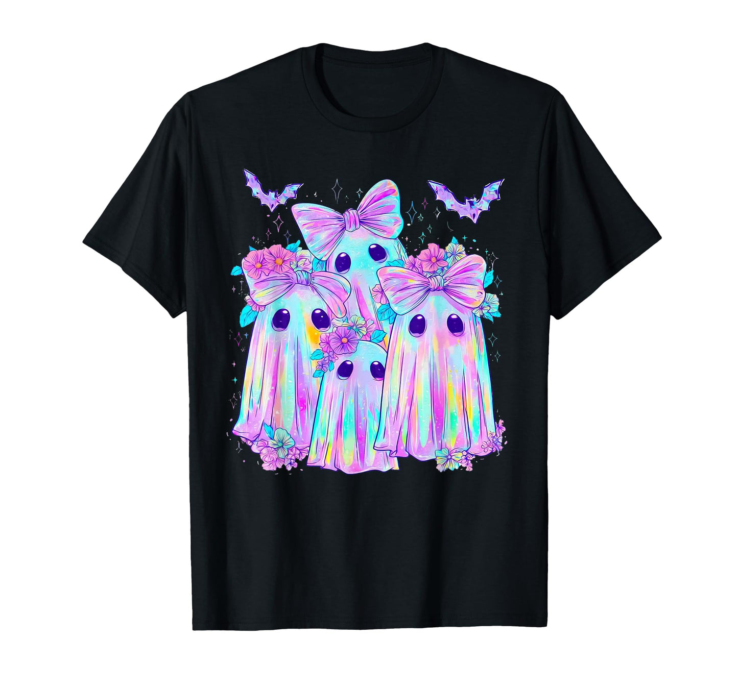 Floral Colorful Ghosts Boo Coquette Bow Spooky Halloween T-Shirt