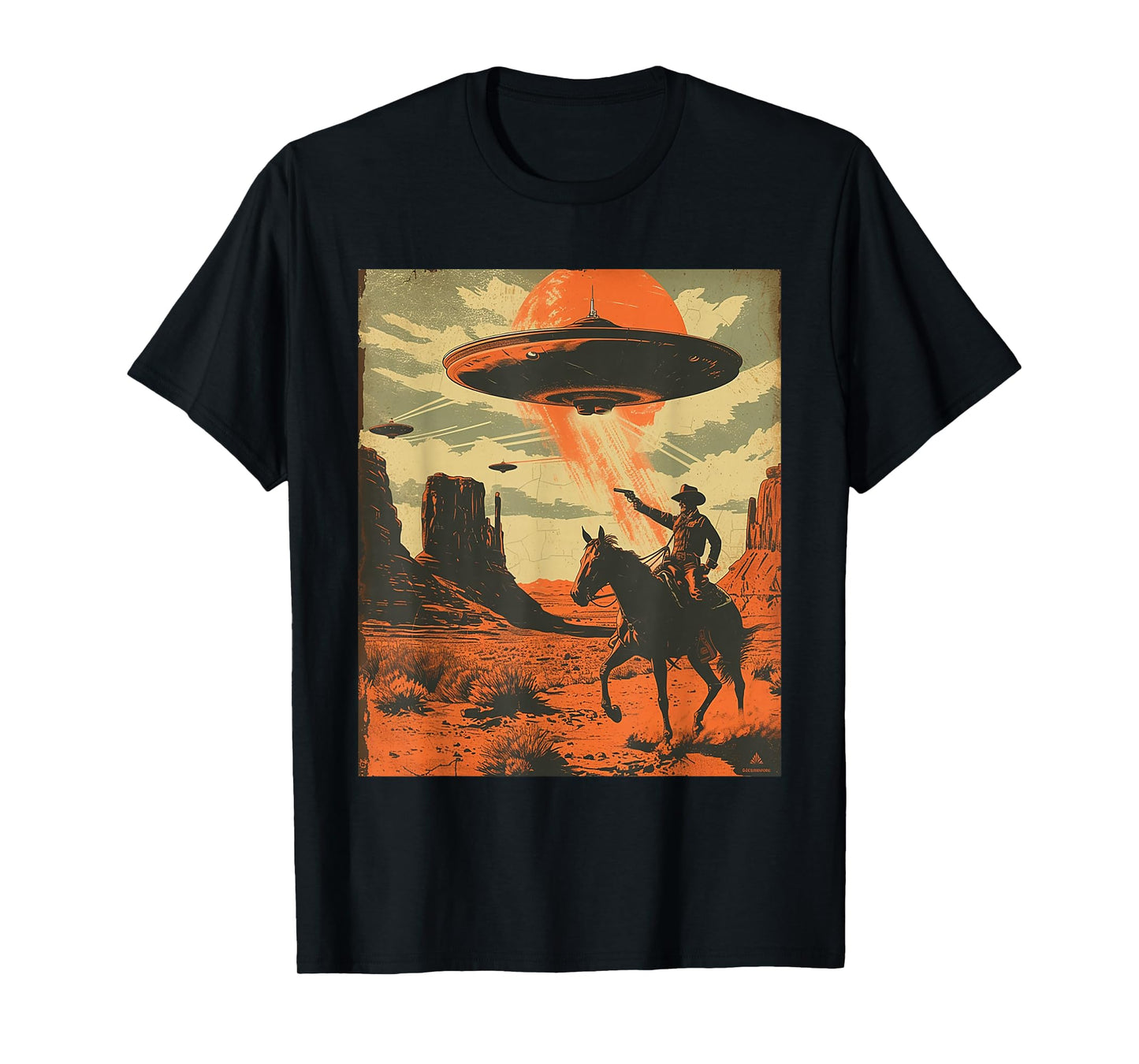 Retro Desert Cowboy Riding Horse Shooting At Space UFO Art T-Shirt