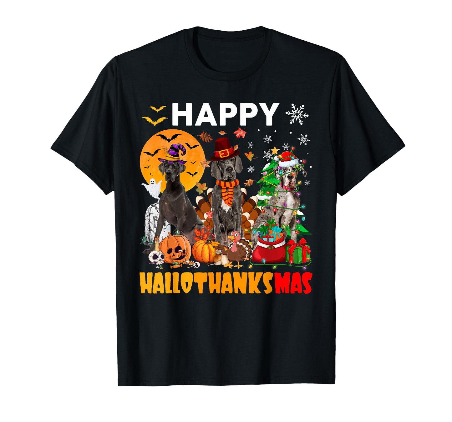 Funny Witch Turkey Santa Great Dane Dog Happy HalloThanksMas T-Shirt