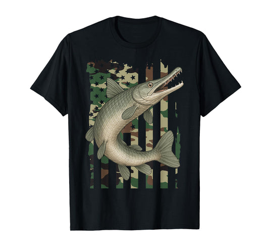 Alligator Gar with Camo American Flag, Fishing Alligator Gar T-Shirt