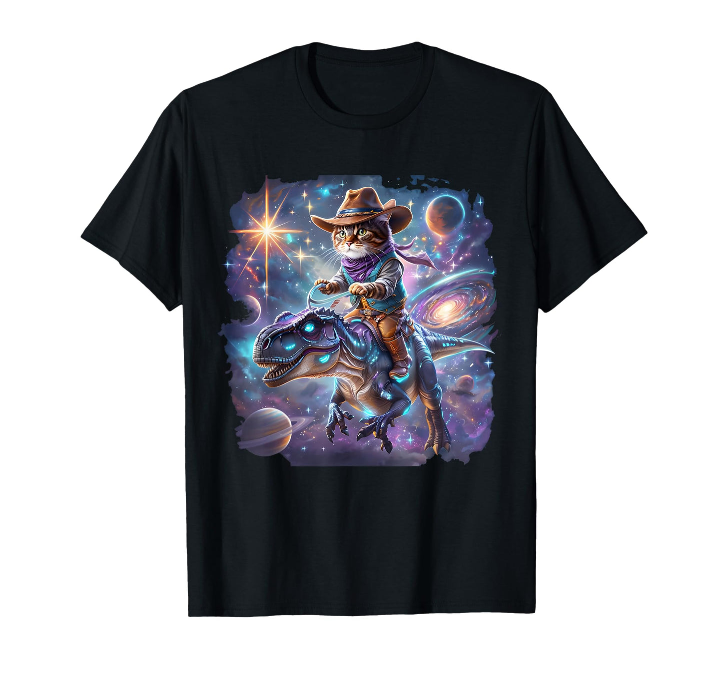 Cat Riding Dinosaur Funny Cat Cowboy Hat Rainbow Galaxy T-Shirt