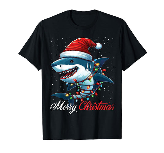 Shark Santa Hat Merry Christmas Lights Xmas Snow T-Shirt
