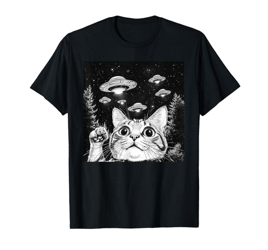 Cat Selfie With Alien UFO Funny Cat T-Shirt