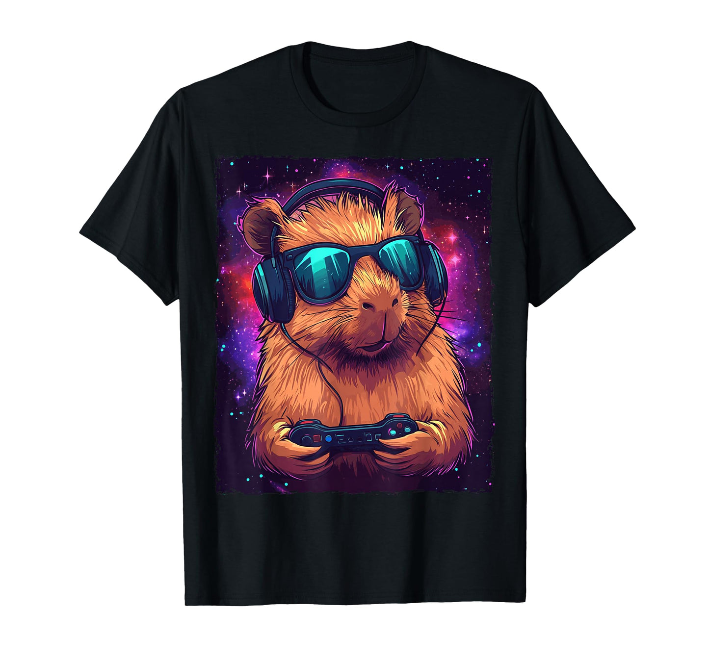 Funny Tee-Tshirt Capybara Video Games T-Shirt - Unisex, Black, Small, Short Sleeve, T-Shirt, Modern, Cartoon, Fun, All Seasons
