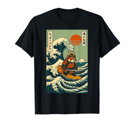 Red Panda Samurai Surfing Japanese Wave T-Shirt