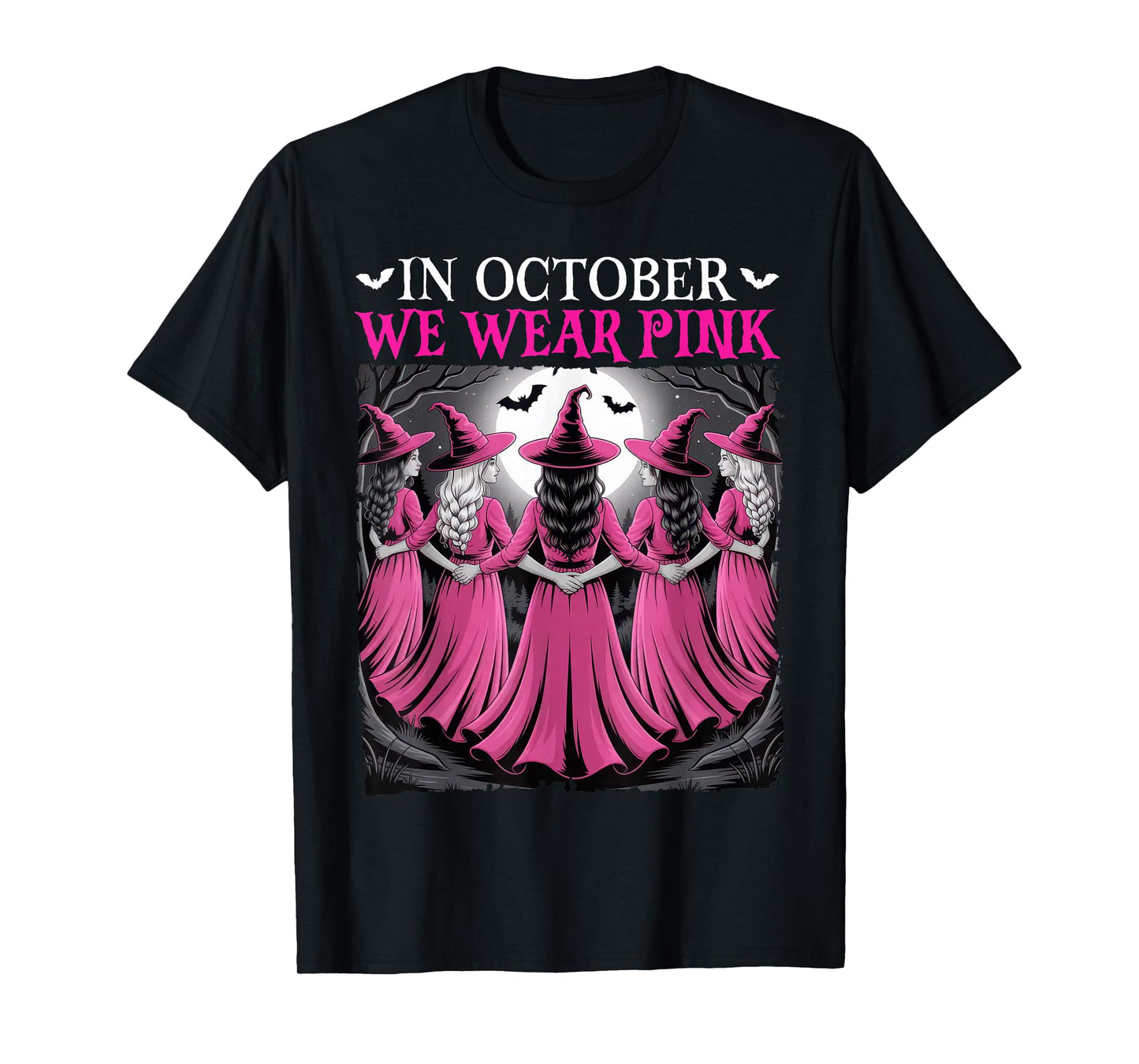 in October We Wear Pink Witch Halloween Breast Cancer Women T-Shirt