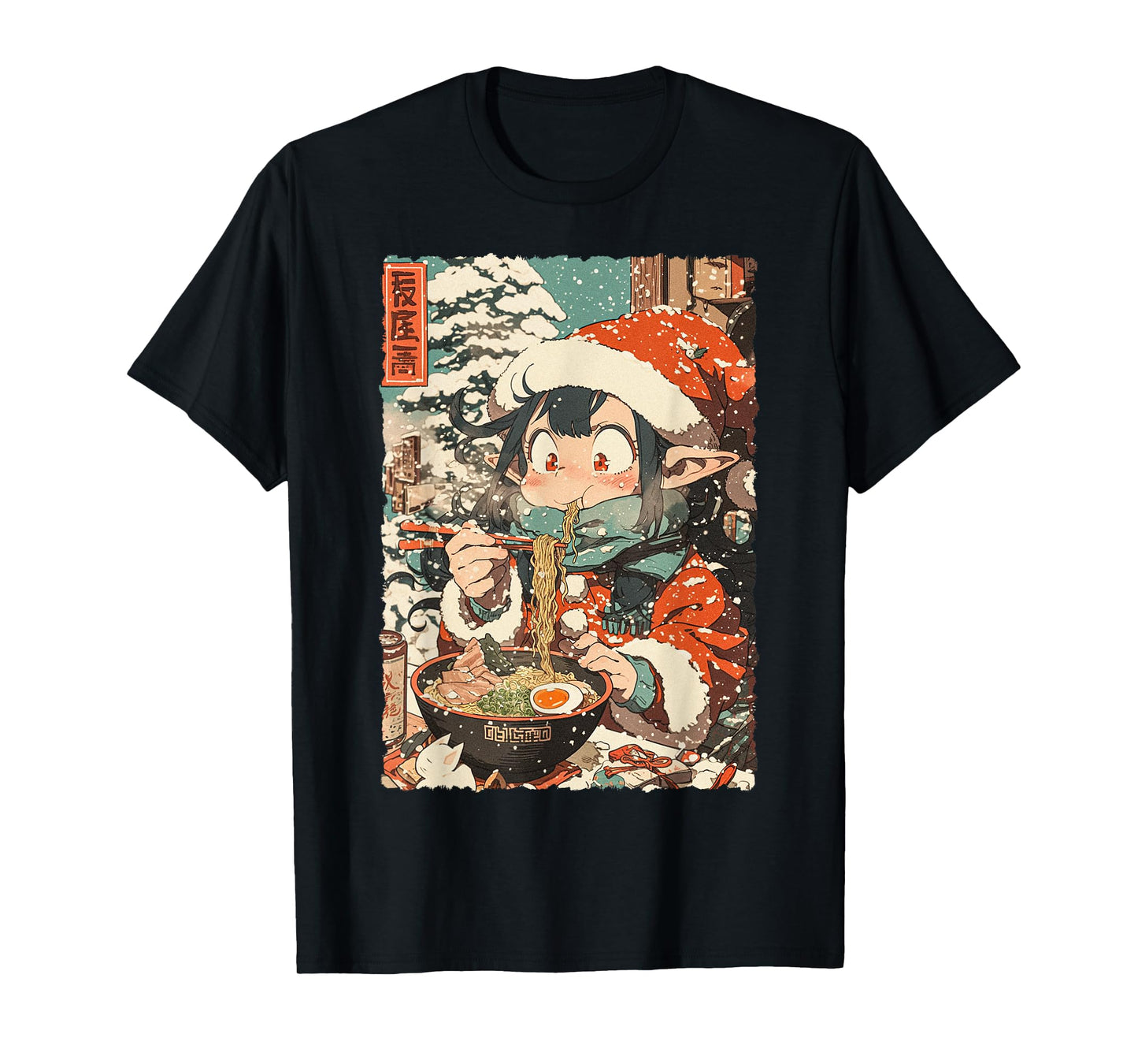 Funny Christmas Anime Kawaii Elf Girl Eating Ramen Noodles T-Shirt