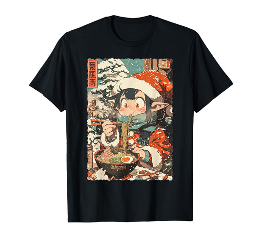 Funny Christmas Anime Kawaii Elf Girl Eating Ramen Noodles T-Shirt