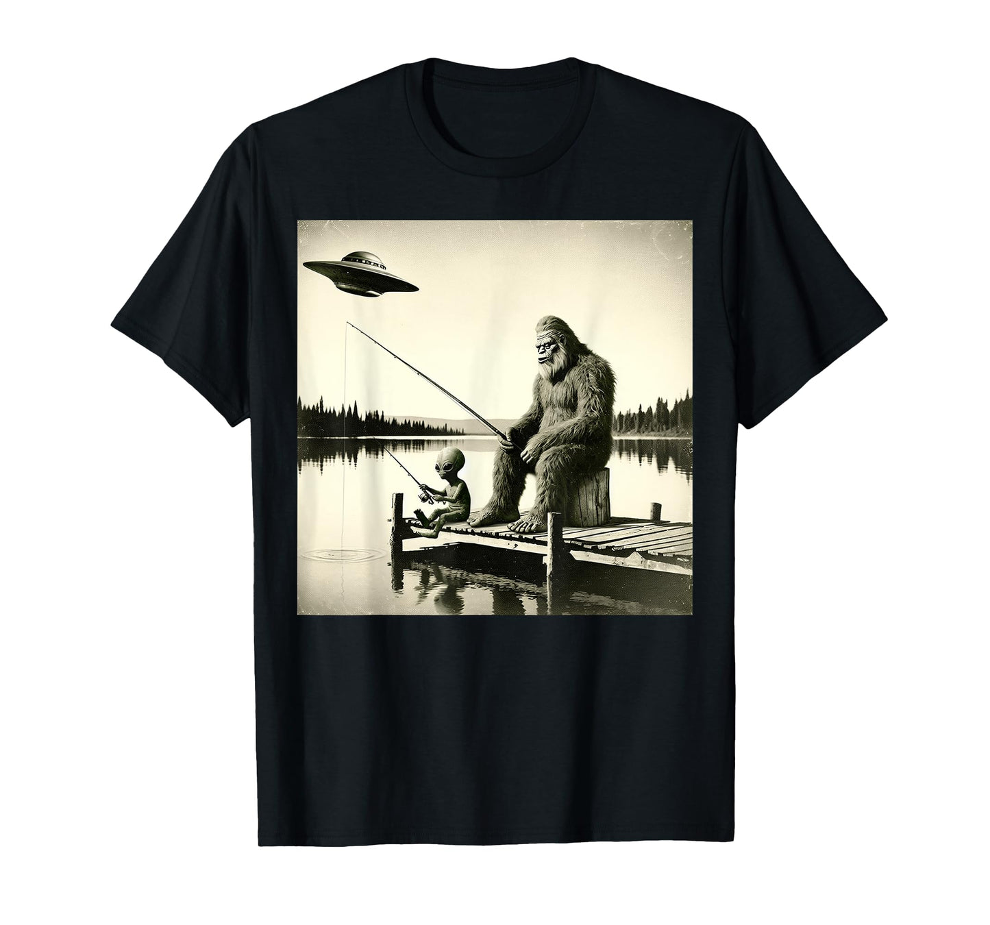 Funny Bigfoot And Alien Fishing. Bigfoot And Alien UFO T-Shirt