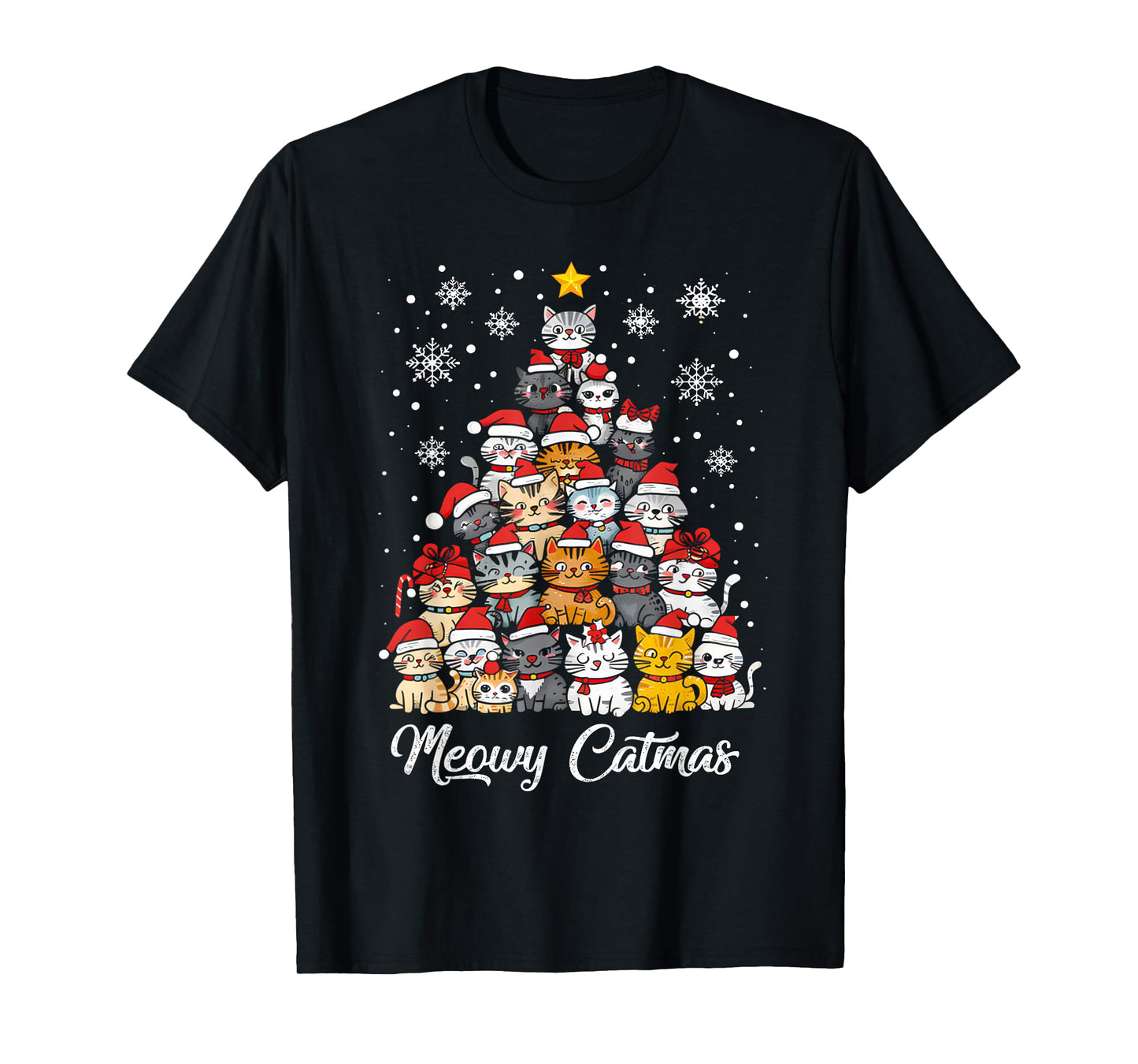 Meowy Catmas Cat Christmas Tree Xmas Girls Boys Funny Santa T-Shirt