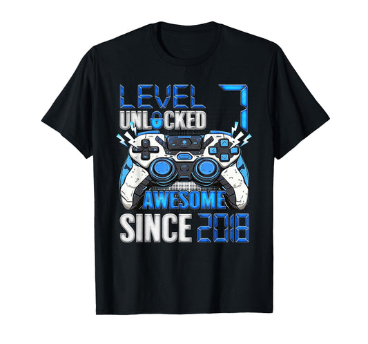 Level 7 Unlocked Awesome Since 2018 7th Birthday Boy T-Shirt
