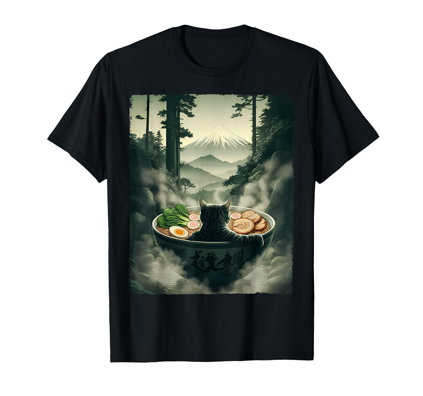 Cat Ramen Mount Fuji Zen Aesthetic Funny Japanese Graphic T-Shirt