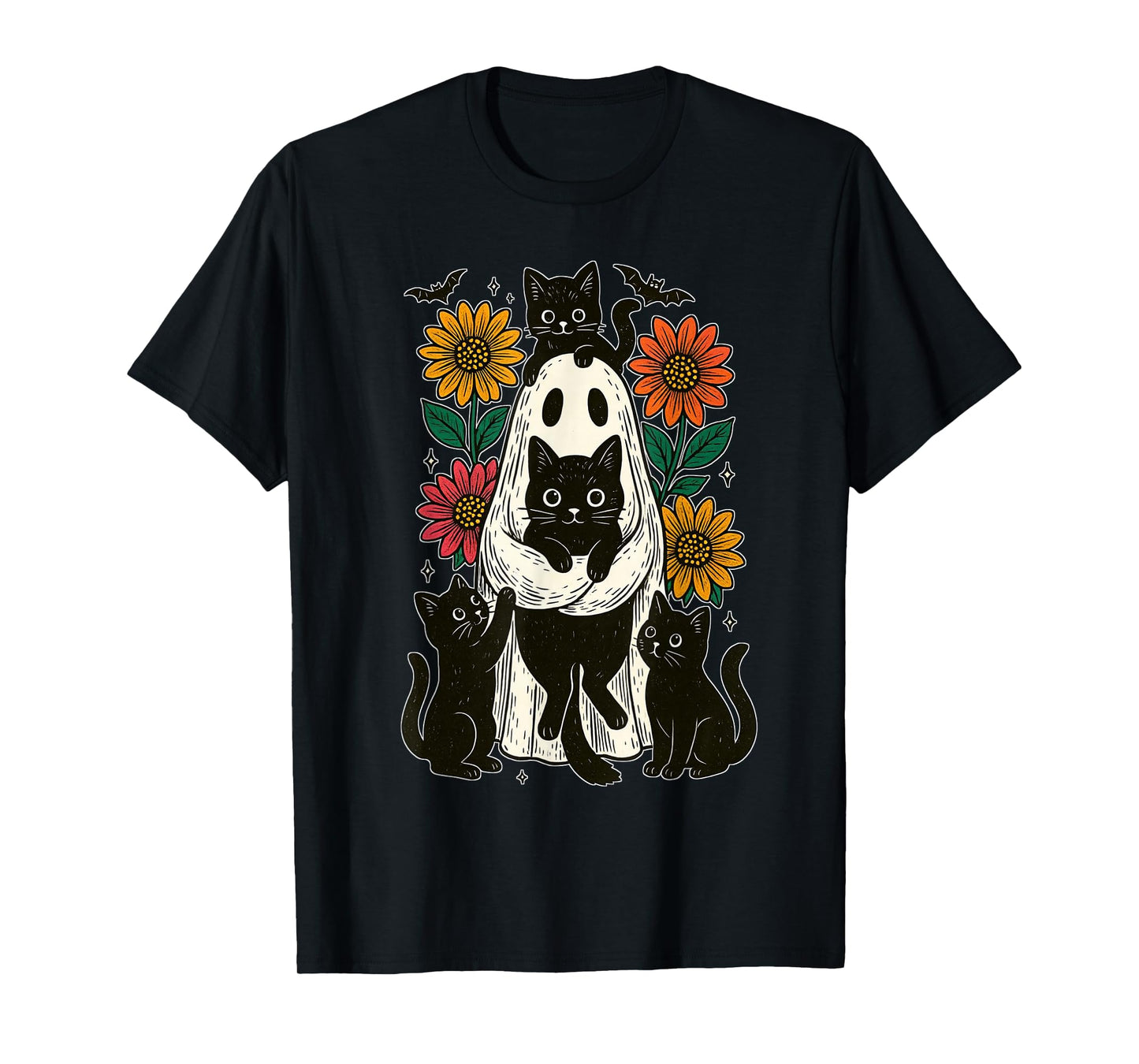 Vintage Halloween Ghost Holding Black Cat Groovy Floral T-Shirt