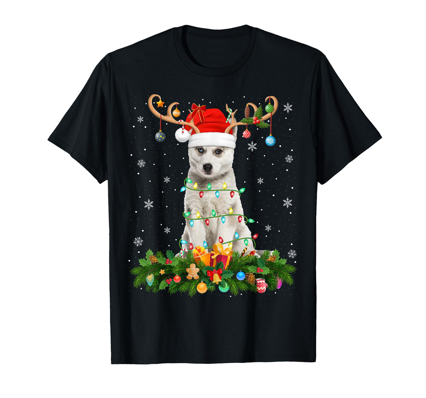 Siberian Husky Christmas Lights Reindeer Santa Hat Dog Xmas T-Shirt