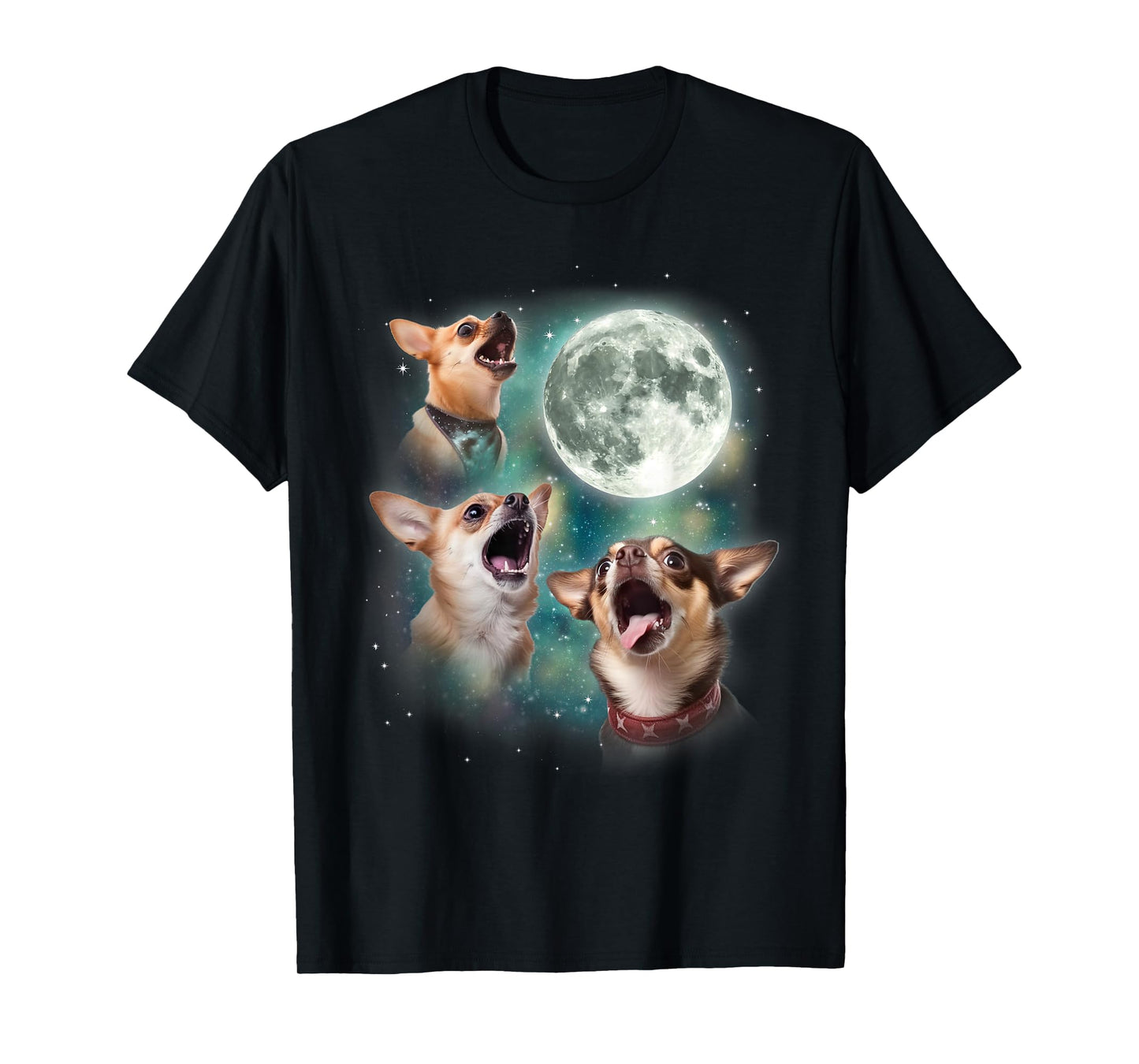 Three Chihuahuas Howl At Moon | 3 Dogs Funny Wolves Parody T-Shirt