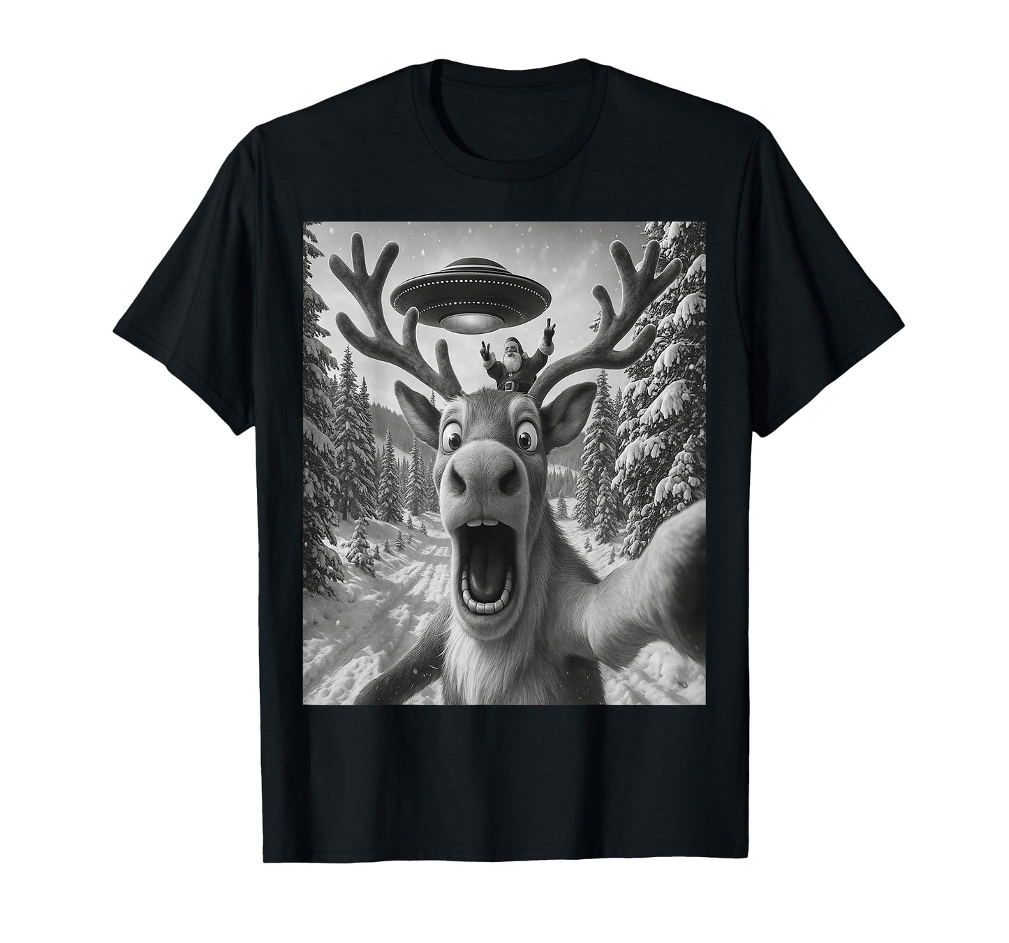 Reindeer Selfie with Alien UFO Funny Cat for Men Women Kid T-Shirt