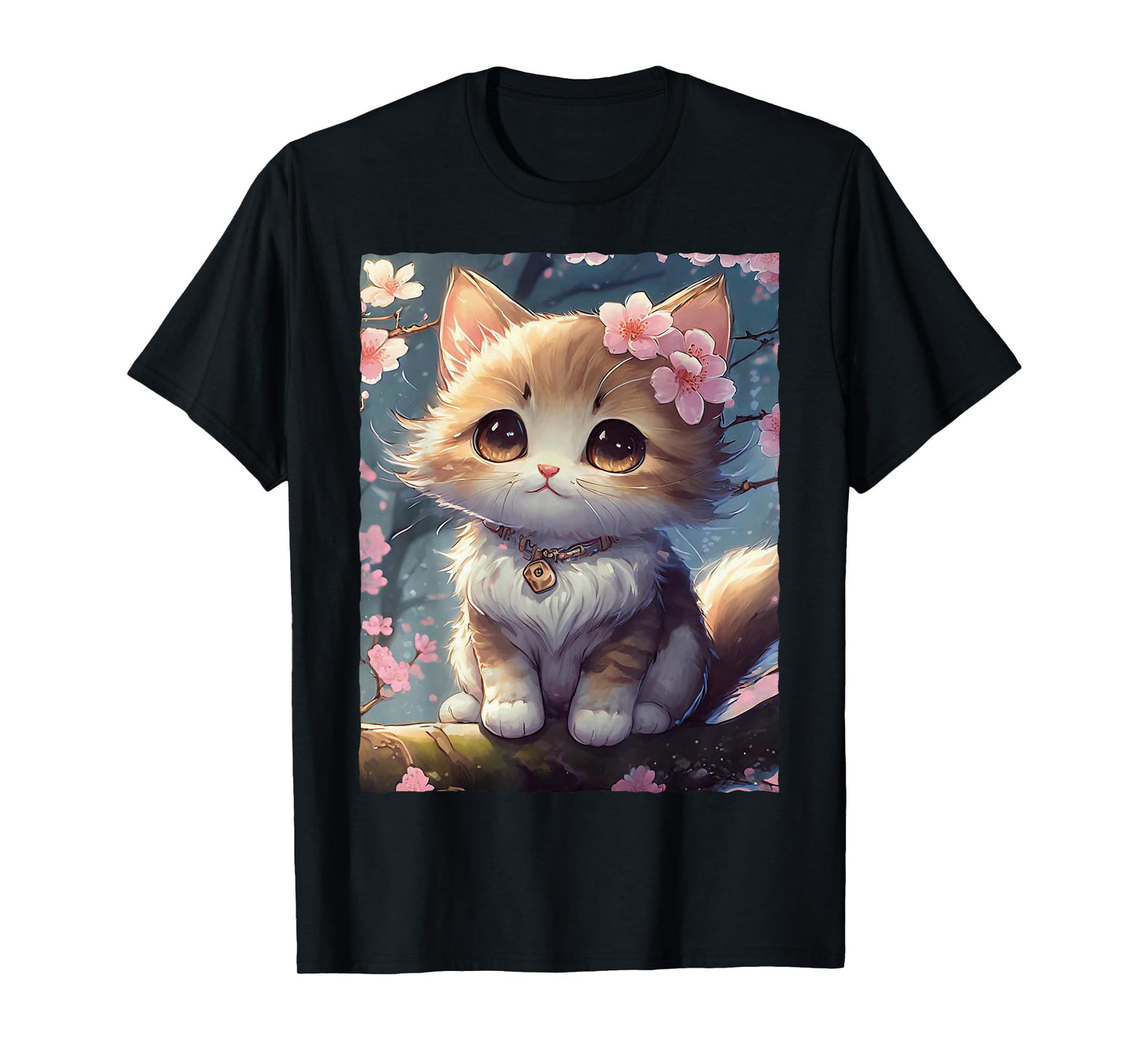 Cute Kawaii Cat with Cherry Blossom T-Shirt