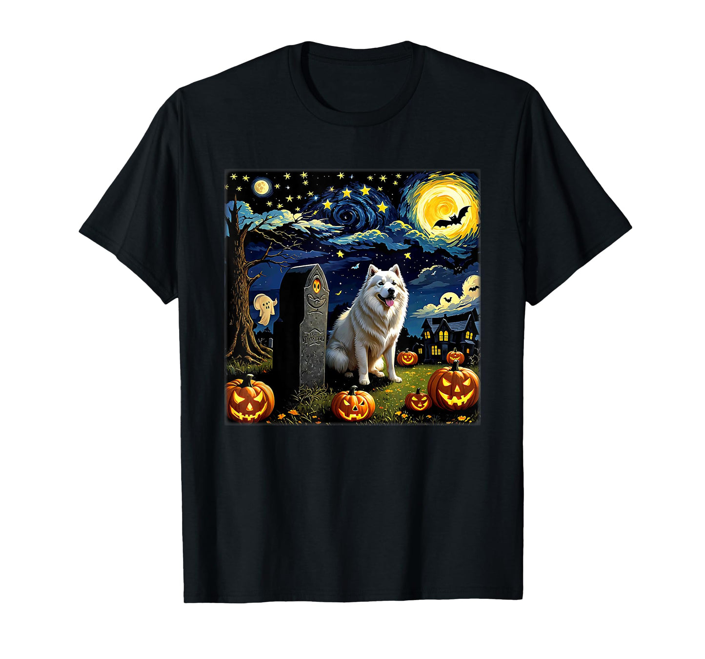 Spooky Halloween Samoyed Dog Starry Night T-Shirt for Men Women Kids