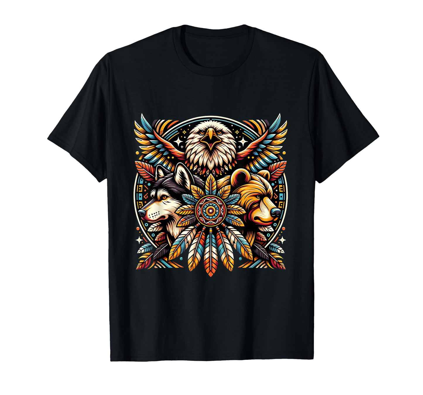 Native American Tribal Animals Bear Wolf Eagle Bohemian T-Shirt
