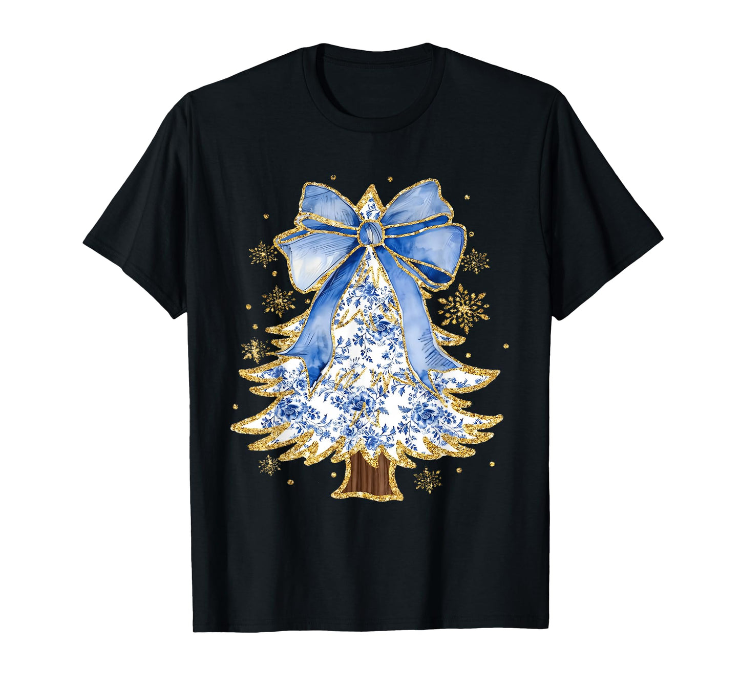 Blue Coquette Bow Christmas Tree Chinoiserie Blue Floral T-Shirt