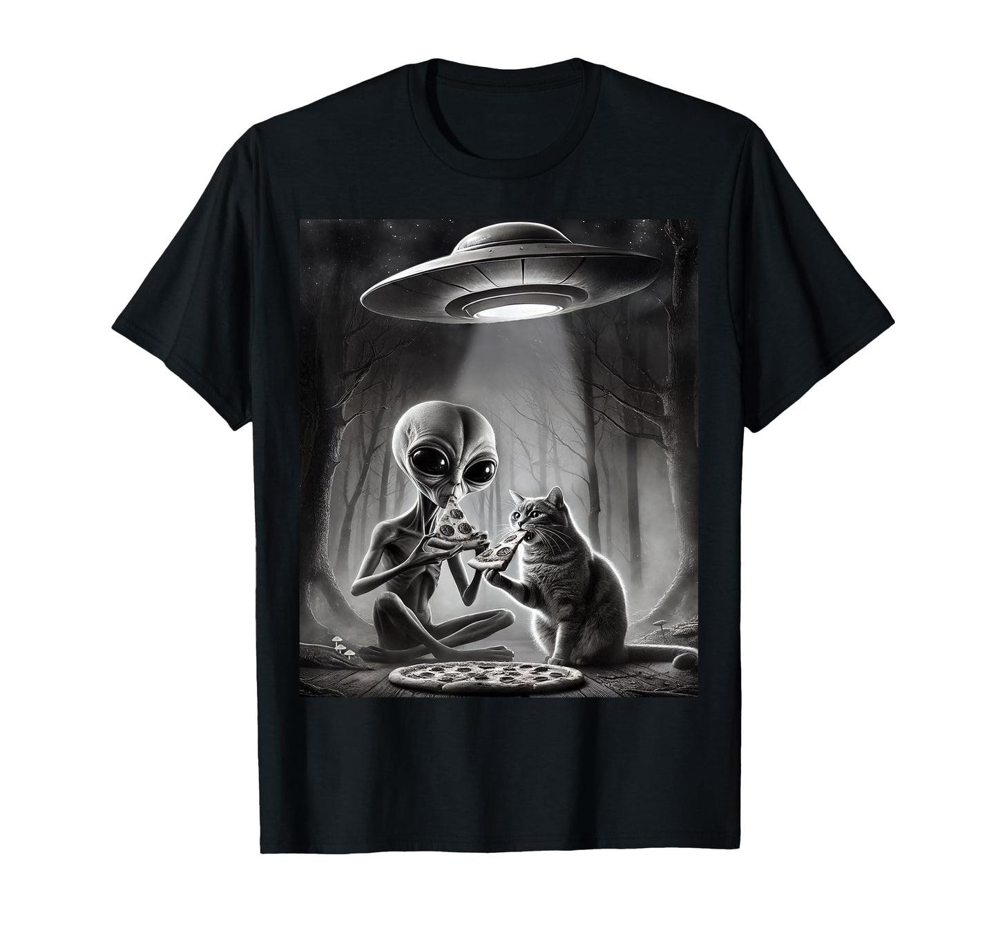 Funny Alien Cat Eating Pizza With UFO Spaceship Cryptid Meme T-Shirt