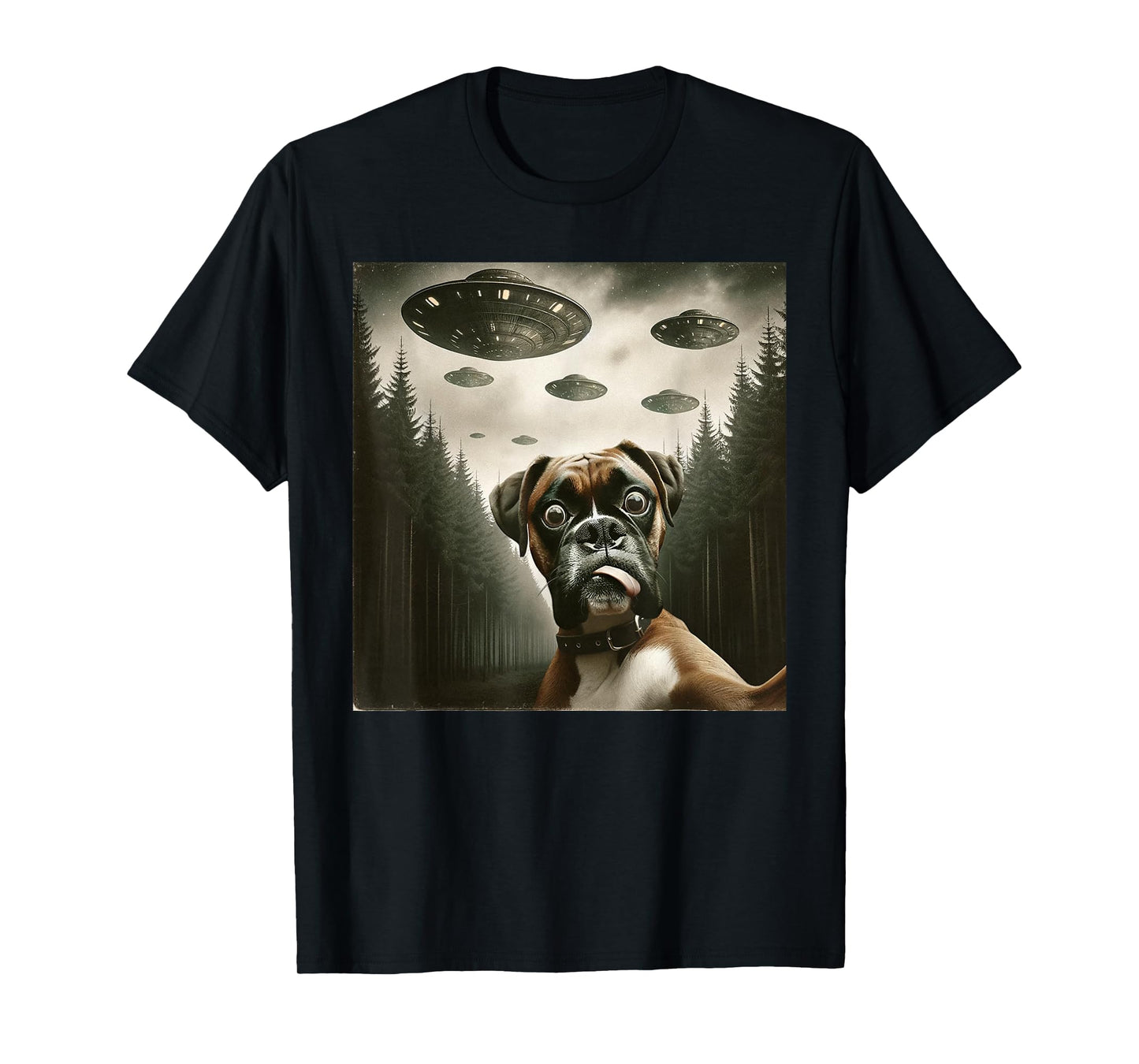 Funny Boxer Dog Selfie with UFOs Alien Mens Womens Dog T-Shirt