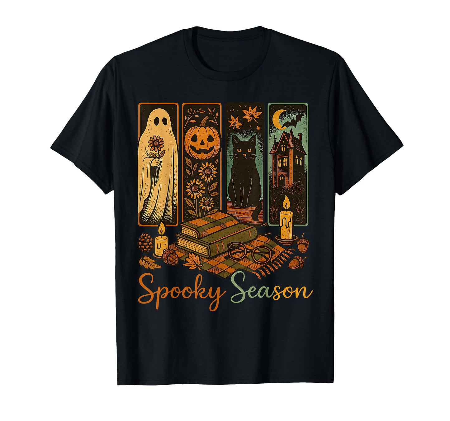 Horror Spooky Season Retro Halloween Ghost Cat Pumpkin T-Shirt