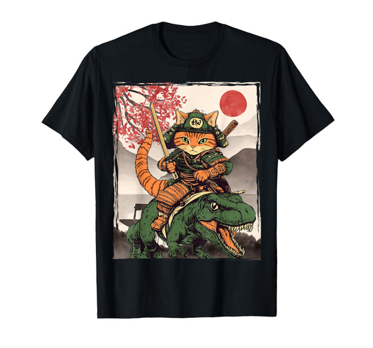 Japanese Ninja Art and Japan Samurai Cat with T-Rex T-Shirt