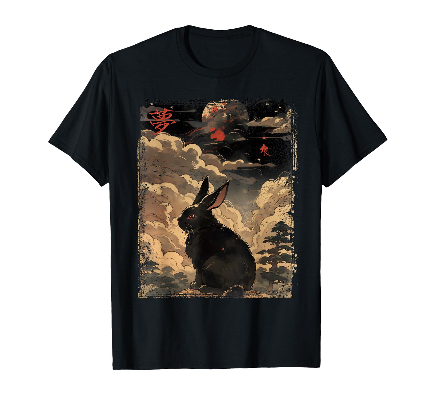 Vintage Japanese Scenery Cute Rabbit Kanji Japan Graphic Art T-Shirt
