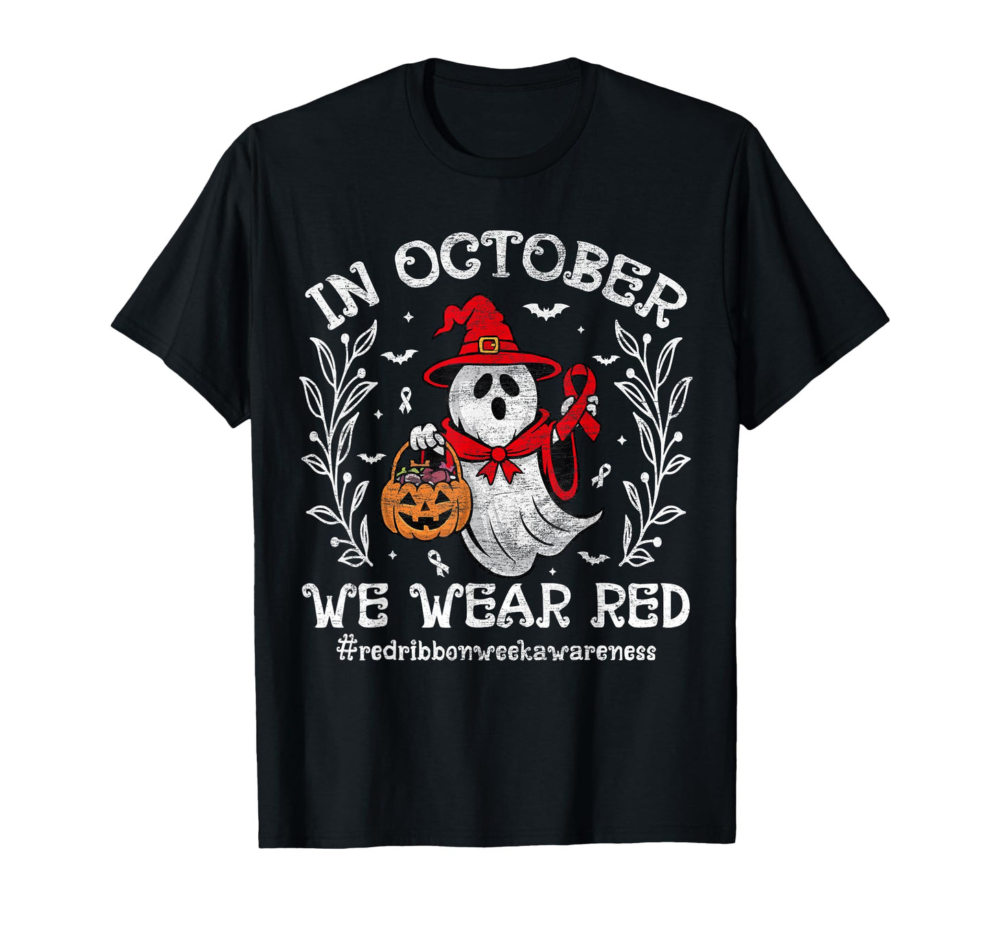 In October We Wear Red For Red Ribbon Week Awareness Ghost T-Shirt