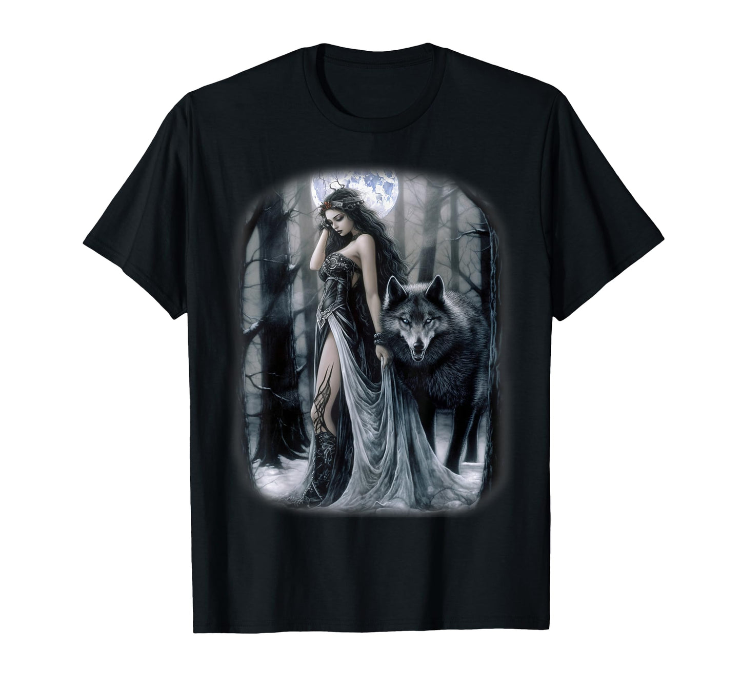 Woman and Gray Wolf in Forest Moon Fantasy Art Painting T-Shirt