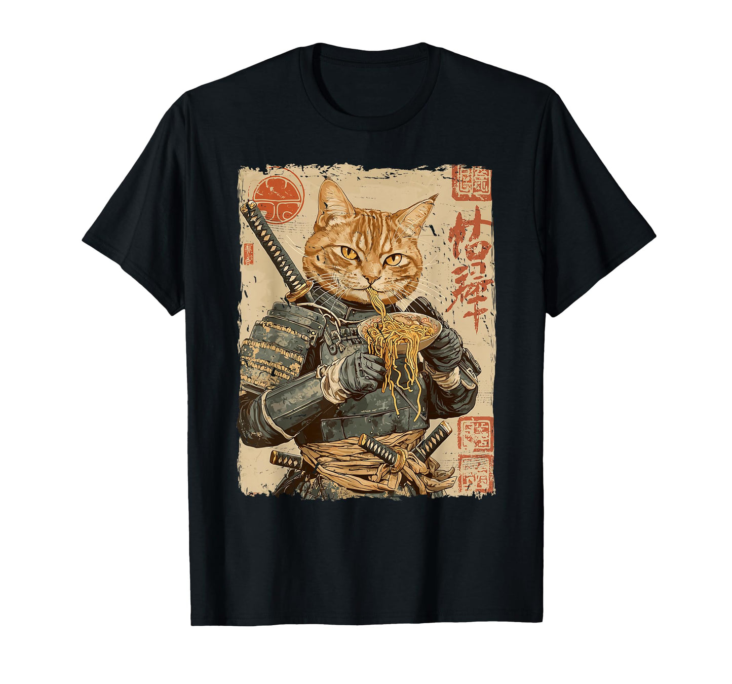 Samurai Cat Loves Ramen Funny Anime Japanese Artwork Samurai T-Shirt