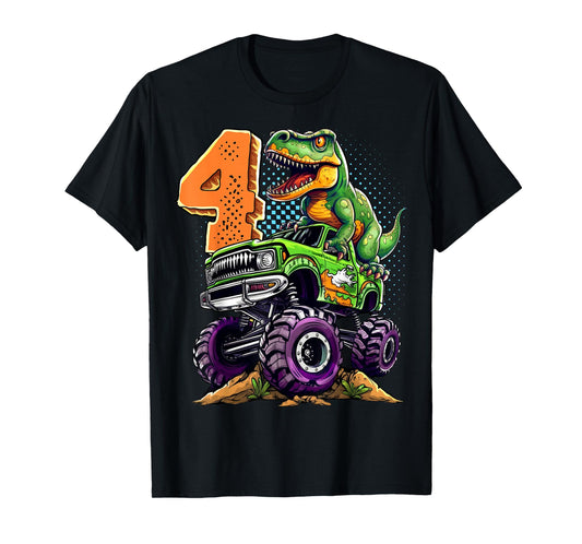 Monster Truck Dinosaur T-Rex 4th Birthday Boy 4 Year Old T-Shirt