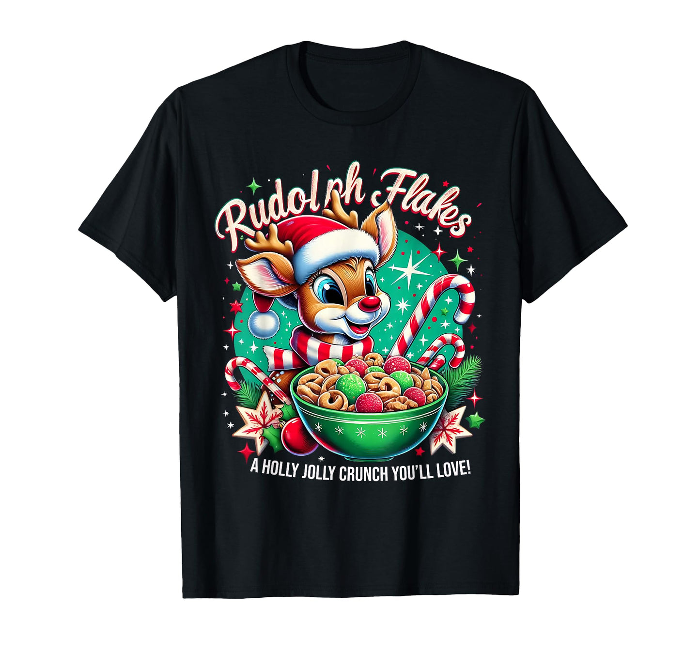 Rudolph Flakes Funny Retro Christmas Reindeer Design T-Shirt
