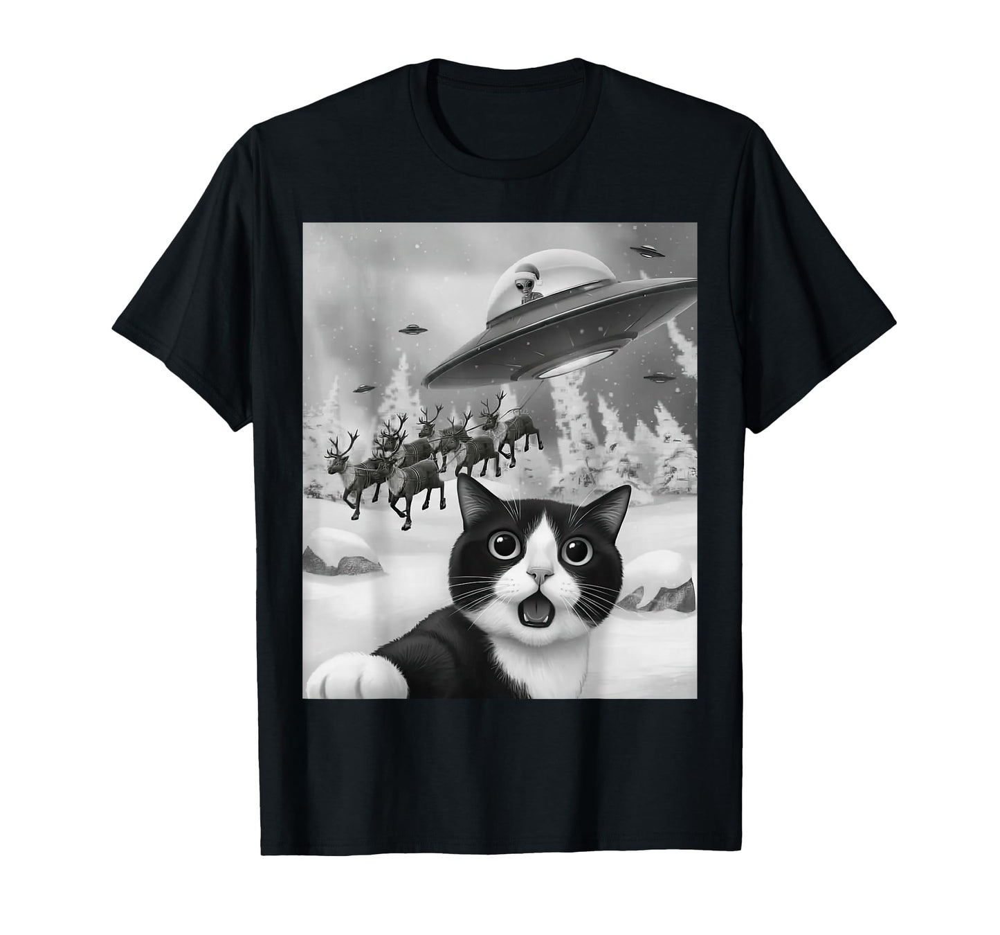 Tuxedo Cat UFO Alien Reindeer Christmas Air Selfie T-Shirt