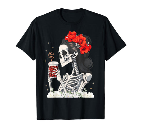 Skeleton Messy Bun Coffee Funny Costume Mom Women T-Shirt