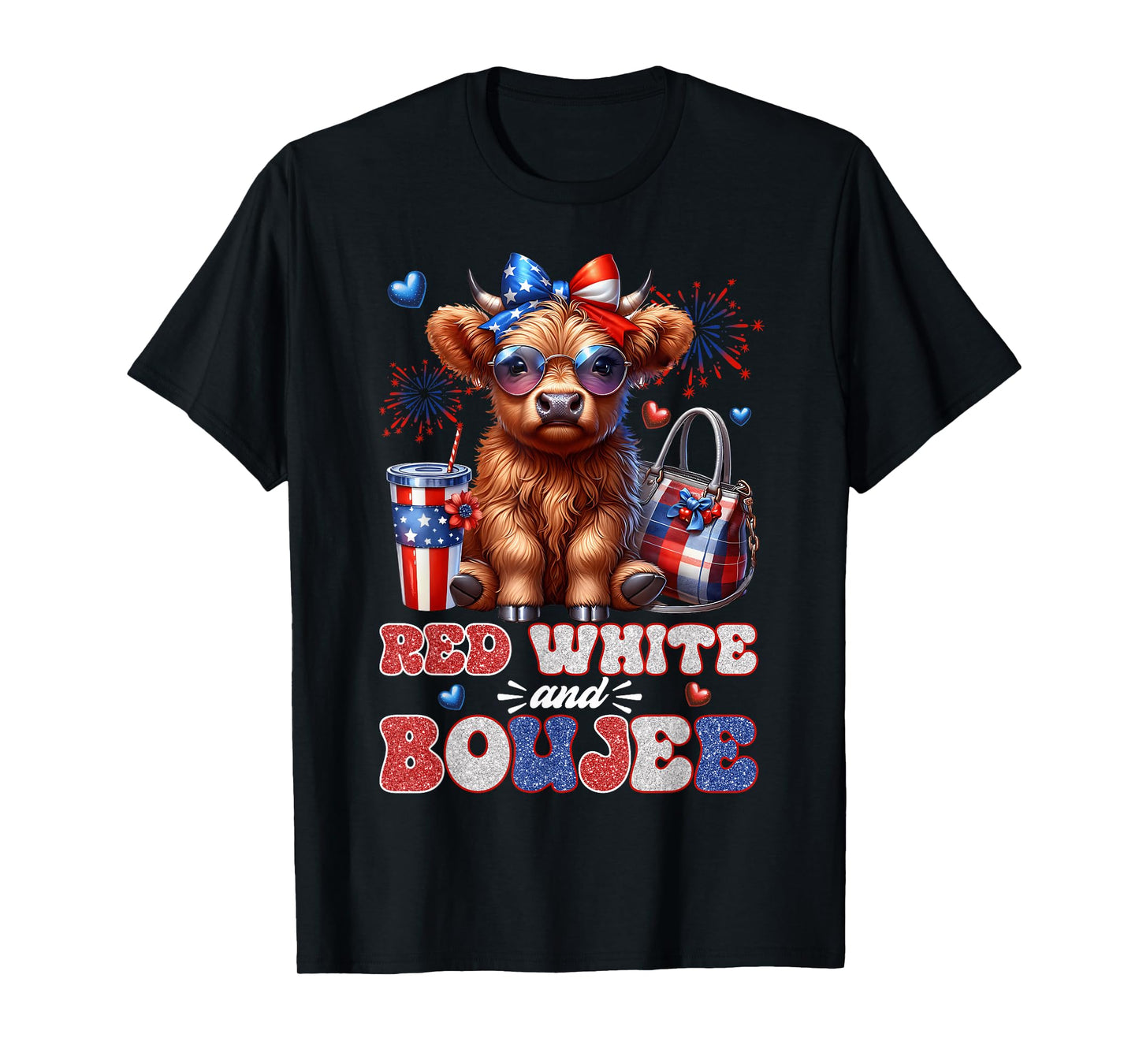 Cute Red White And Boujee Highland Cow 4th Of July Patriotic T-Shirt