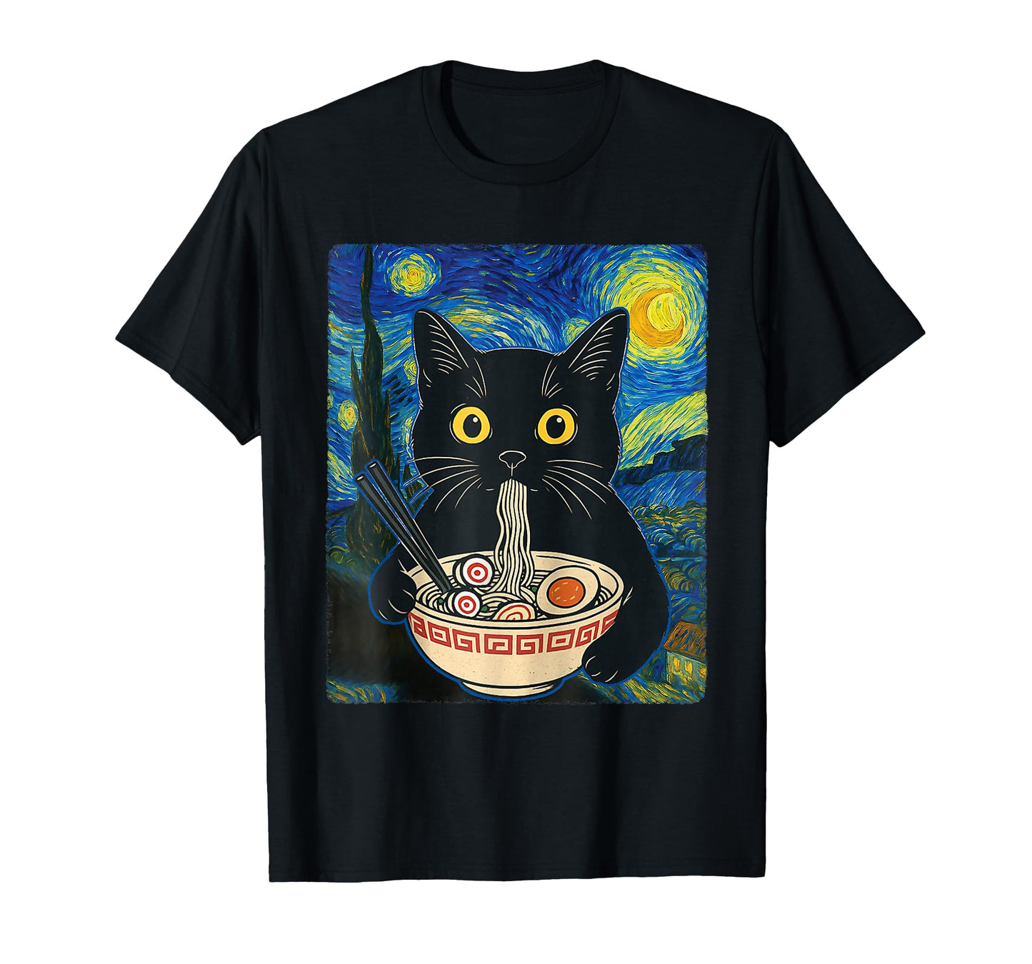 Cat Ramen Van Gogh Funny Japanese Graphic Tees Cat Anime T-Shirt