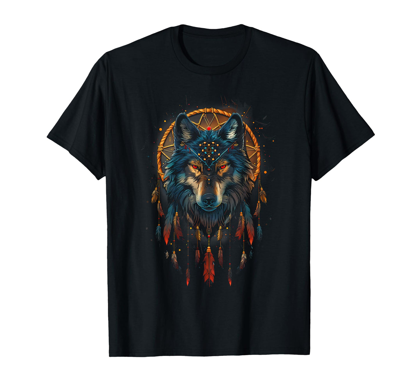 Colorful Mantra Spirit Animal Dreamcatcher Shop Wolf Dreamcatcher Native American Indian Feathers Arts Unisex-Adults T-Shirt Black Small Modern Tribal Boho Motif Round Collar Short Sleeve T-Shirt