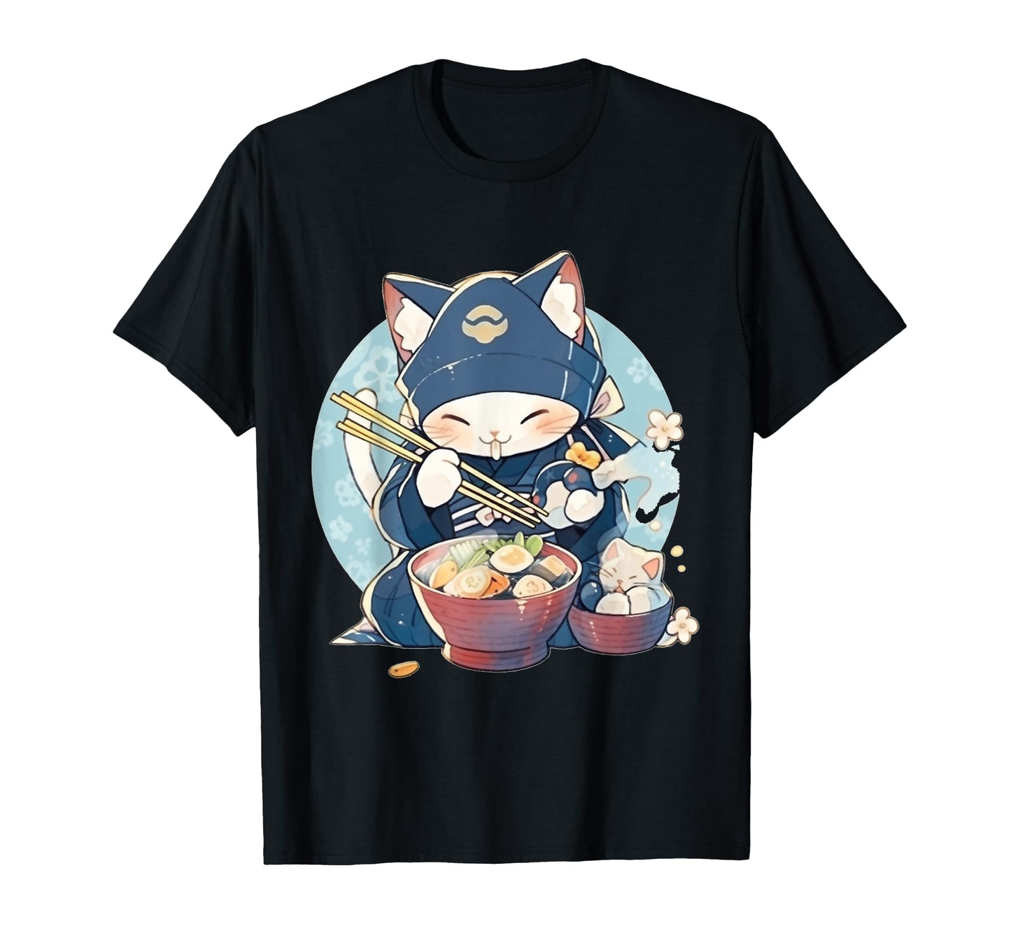 Japanese Art Ramen Cat Ninja Ukiyo-e Anime Style Samurai Cat T-Shirt