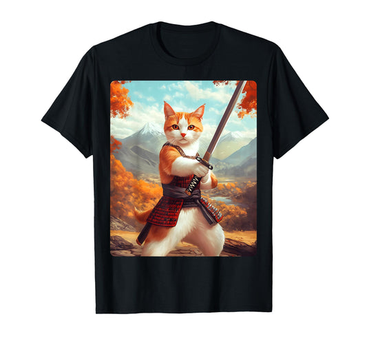 Samurai Cat T-Shirt for Men Women Girls Kids