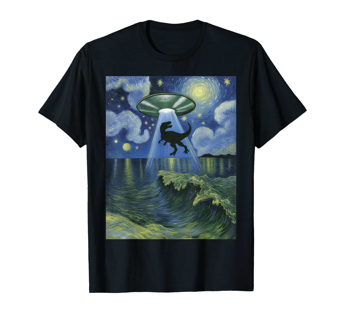 Starry Night Alien UFO Abduction Dinosaurs Van Gogh Art T-Shirt